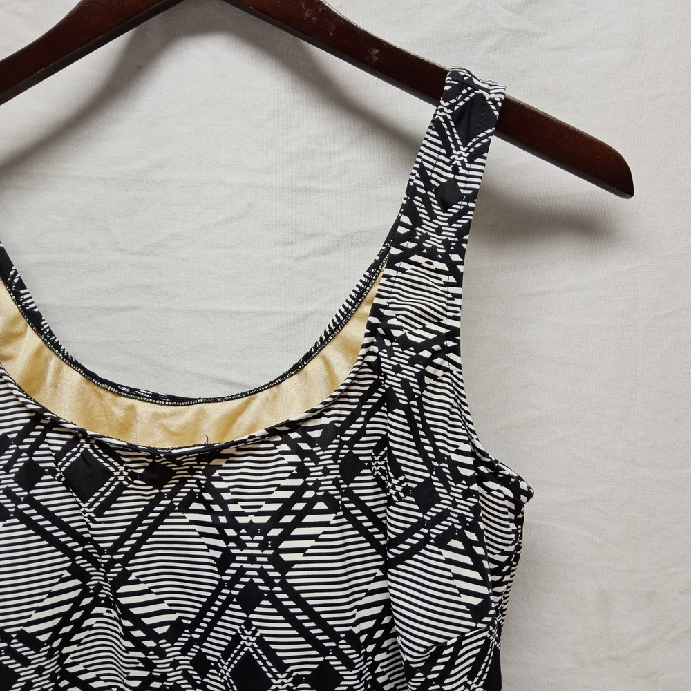 Le Cove Tankini Top Womens 22W Black White Geometric Plaid Blouson Side Tie
